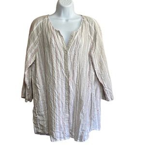 J. Jill Love Linen Tunic Top Shirt Large Cream Red Tan Oversize Boxy Lagenlook